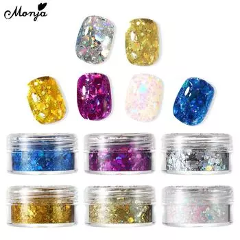 Monja 3D Nail Art Glitter Mermaid Sparkly Flakes Sequins Mixed Hexagon Polish Laser Holographic Slices Paillette Manicure Decoration Accessories Tools