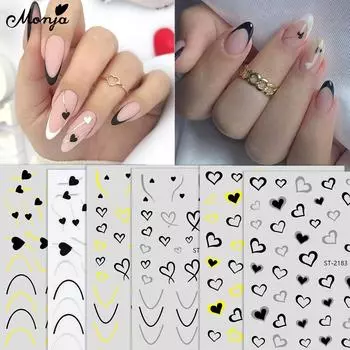 Monja 3D наклейки для ногтей с полыми сердечками любви, французские линии, наклейки для ногтей, золотые, серебряные, самоклеящиеся слайдеры, украшения для дизайна маникюра своими руками