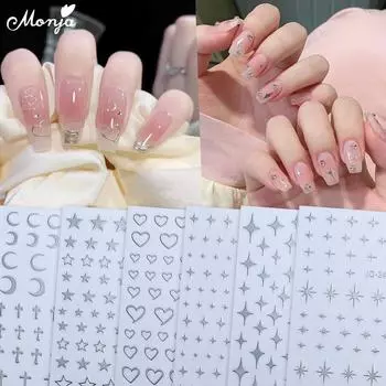 Monja 3D наклейки для ногтей Жидкий металл, как наклейки Металлическое зеркало Серебряная звезда Луна Сердце Крест клейкие слайдеры Маникюр Украшения Аксессуары