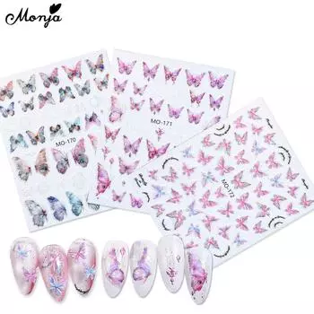 Monja 3D рельефные наклейки для ногтей голографическое тиснение роза бабочка самоклеящаяся наклейка с гравировкой слайдер маникюр DIY украшения аксессуары