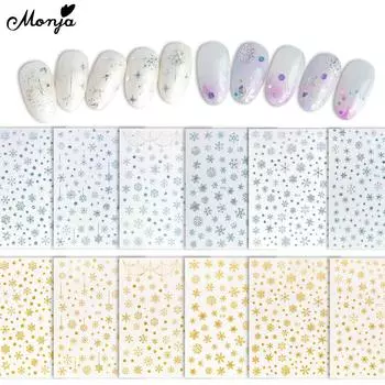 Monja 3D рождественские наклейки для ногтей голографические самоклеящиеся золотые, серебряные блестящие наклейки в виде снежинок DIY маникюрные украшения рождественские аксессуары в виде снежинок