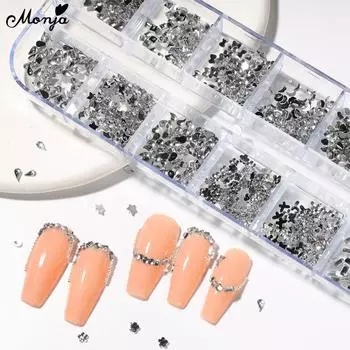 monja 3D Серебряный дизайн ногтей Стразы Подвески Сердце Звезда Луна Ювелирные изделия Бриллиантовые блестящие кристаллы Украшения DIY Маникюр Дизайн Декор Аксессуары
