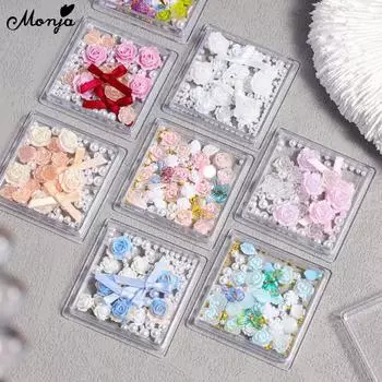 Monja 3D украшения для ногтей Роза Бантик Жемчуг Бусины Аврора Бабочка Розовый Синий Красивые Красочные DIY Маникюрные Ювелирные Аксессуары в Коробке