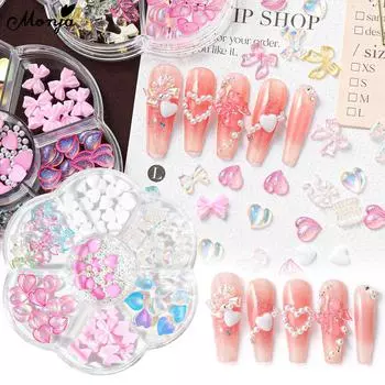 Monja 3D украшения со стразами дизайн ногтей смешанные красочные блестящие прозрачные банты кристалл жемчуг бант сердце маникюр подвески орнамент DIY аксессуары