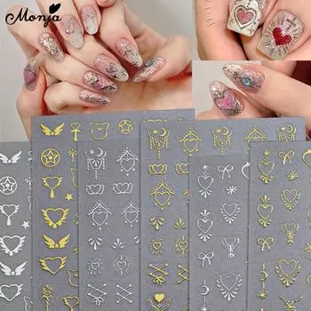 monja 3D Золотая, серебряная звезда, Солнце, Луна, бронзирующая наклейка для дизайна ногтей, лазерная наклейка в стиле полумесяца, самоклеящаяся слайдер, маникюрные украшения, сделай сам