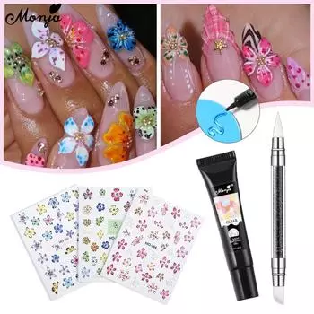 Monja 3Pcs Nail Art Set 3D Pudding Gel Carve Gel Двусторонняя силиконовая ручка для резьбы 5D Рельефные наклейки Переводные картинки Инструменты для дизайна маникюра своими руками