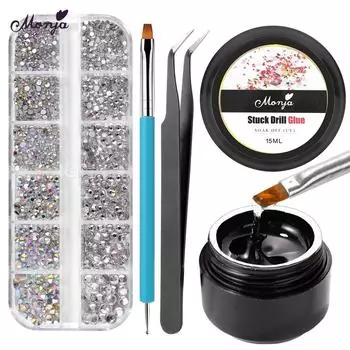Monja 4 шт./компл. набор стразов для дизайна ногтей, прочная дрель, клей-гель, блестящая кисть с двумя концами, пинцет, 3D-маникюрные украшения, аксессуары, набор для дизайна «сделай сам»