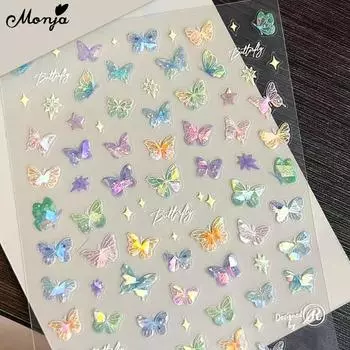 Monja 5D бабочка лазерный нейл-арт наклейки бант крылья стример рельефные слайдеры красочные феи наклейки маникюрный дизайн украшения своими руками