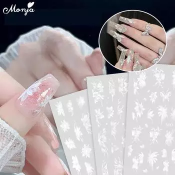 monja 5D рельефные наклейки для ногтей, белые цветы, бабочки, рельефные простые цветочные самоклеящиеся слайдеры, аксессуары для украшения маникюра своими руками