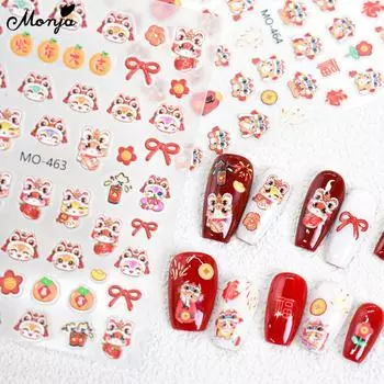 Monja 5D Embossed Nail Stickers Relief Chinese New Year Style Decals Cute Lion Head Self Adhesive Sliders Decals DIY Manicure Tools