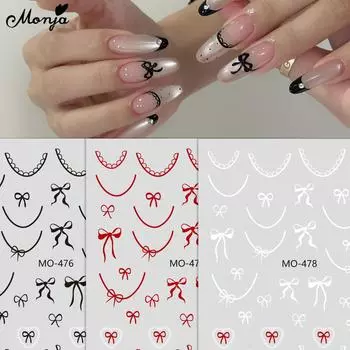 Monja 5D Embossed Nail Stickers White Black Red Bowknot Lace Ribbons Bowtie Decals Relief Self Adhesive Nail Sliders DIY Manicure Decorations белый