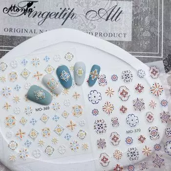 Monja 5D Nail Stickers Embossed Bohemia Plaid Sliders Relief Self Adhesive Decals Flower Sticker DIY Manicure Decorations Accessories