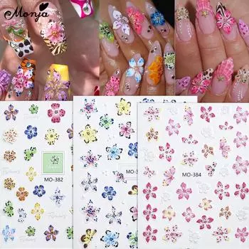 Monja 5D наклейки для ногтей рельефные цветочные наклейки для ногтей с гибискусом цветочные самоклеящиеся гравированные слайдеры для ногтей украшения для маникюра своими руками
