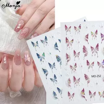 Monja 5D наклейки для ногтей, рельефные блестящие наклейки для ногтей в виде бабочек, самоклеящиеся гравированные слайдеры для ногтей, аксессуары для маникюра своими руками