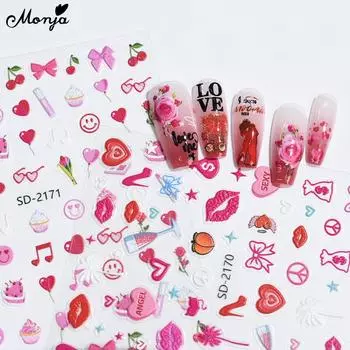 Monja 5D наклейки для ногтей рельефные валентинки красные губы сердечки влюбленные розы наклейки самоклеящиеся слайдеры для ногтей украшения для маникюра своими руками