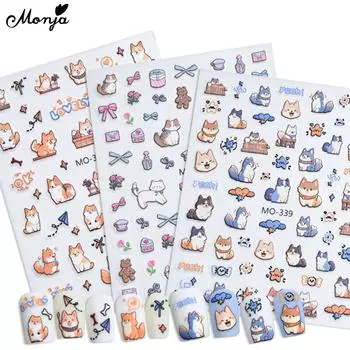 monja 5D наклейки для ногтей с домашними животными с тиснением, милые мультяшные наклейки для собак и кошек, самоклеящиеся милые ползунки, гравировка, сделай сам, маникюрные украшения