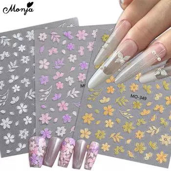 monja 5D наклейки для ногтей с тиснением, вышивкой, цветочным листом, красочные сверкающие стеклянные фрагменты, клейкие полевые цветы, украшение для маникюра, сделай сам