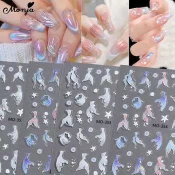 monja 5D рельефные наклейки для ногтей Aurora Mermaid Tail наклейки для ногтей Ocean Self Dehsive Sliders Гравировка Маникюр Украшения DIY