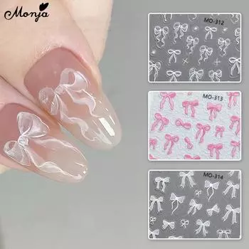 Monja 5D тисненые бабочки с бантом наклейки для ногтей рельефные самоклеящиеся наклейки ползунки с гравировкой бантом салон DIY маникюрные украшения аксессуары
