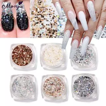 Monja, 6 коробок/компл., серебристые, золотые, красочные блестящие хлопья для дизайна ногтей, шестигранная блестящая блестящая пудра с блестками «Русалка», аксессуары для маникюра