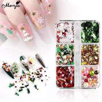 Monja 6 сеток для дизайна ногтей, блестящие украшения, рождественский микс, разноцветные блестки, жемчуг, сердце, дерево, снежинка, фольга, маникюрный салон, сделай сам