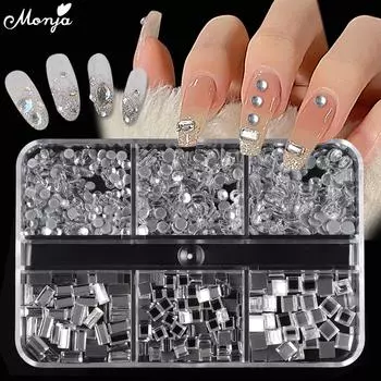 Monja 6 сеток/коробка прозрачные квадратные плоские украшения для дизайна ногтей прозрачные AB круглые стразы для ногтей 3D аксессуары для маникюра «сделай сам»