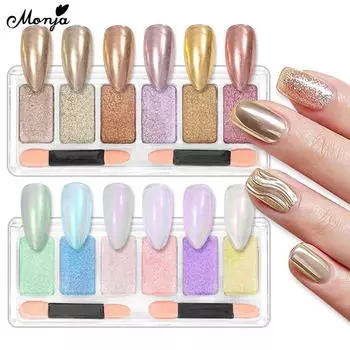Monja 6 сеток/коробка украшения для дизайна ногтей Твердая зеркальная пудра Губка Кисть Блеск Цвет Авроры Пигментированный стеклянный эффект Салон Домашний дизайн маникюра «сделай сам»