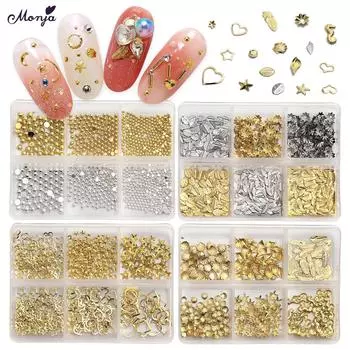 Monja 6 сеток/коробка, украшения для ногтей, стразы, полые заклепки, сердце, звезда, ракушка, перо, блестки, блестки, маникюр, ювелирные аксессуары, золото, серебро, черный