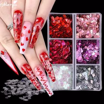 Monja 6 сеток/коробка украшения для ногтей лазерные блестки в форме сердца Аврора хлопья голографические блестки DIY хромированные аксессуары для маникюра