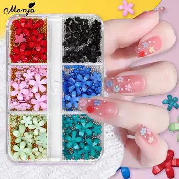 monja 6 сеток украшения для дизайна ногтей смешанный акрил 3D цветочные украшения лепестки камелии металлические бусины DIY ювелирные изделия маникюрные аксессуары красочные