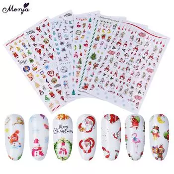 Monja 6 шт./компл. наклейки для ногтей Рождественские самоклеящиеся наклейки Санта-Клаус Снеговик рождественские наклейки украшения для маникюра аксессуары