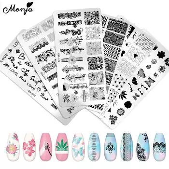 Monja 6 стилей ногтей штамповка пластина бабочка цветок растение любовь сердце штамп шаблоны пластины печать трафарет DIY маникюр инструменты