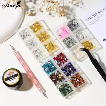 Monja 6pcs Nail Art Set 8ml Nail Strong Stuck Drill Glue Glitter Rhinestone Decorations Dotting Brush Tweezer DIY Manicure Tools