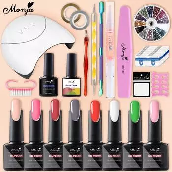 Monja Nail Art DIY Набор 8 цветов Гель-лак 36 Вт УФ/светодиодная лампа для ногтей База для снятия ногтей Верхнее покрытие Стразы Набор инструментов для маникюра