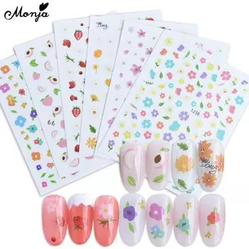 monja Набор наклеек для ногтей, весенние цветочные лепестки, цвета листьев, животные, мультяшные, переносные, клейкие ползунки, голографические наклейки, аксессуары для дизайна маникюра