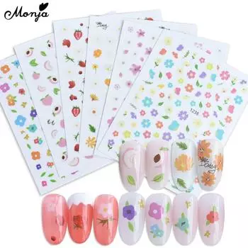 Monja наклейки для ногтей наклейки весенние цветы тропические фрукты листья любовь голографические самоклеящиеся ползунки маникюр украшения 3D аксессуары