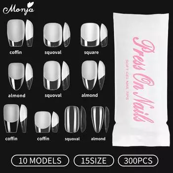 Monja Полное покрытие Пресс на кончиках ногтей Шпильки Миндалевидный квадратный гроб Французский накладной гель для замачивания Акриловые кончики для наращивания Капсула Матовый прозрачный белый