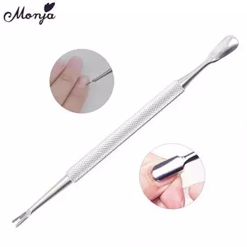 Monja Silver Двойной Конец Нержавеющая сталь Nail Art Толкатель для кутикулы Ремонт омертвевшей кожи Вилка для удаления Триммер Инструмент для ухода за маникюром и педикюром