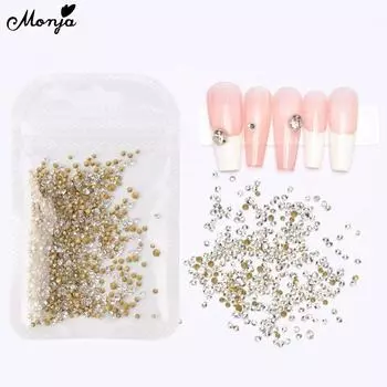 Monja Стразы для ногтей 3D украшения Хрустальные драгоценные камни Ювелирные изделия Бусины Круглые заостренные назад Алмазные маникюрные дизайнерские аксессуары Золотые цвета