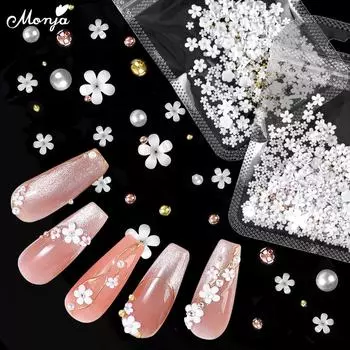 Monja Стразы и украшения для ногтей 3D смешанные размеры Белый цветок Розовое золото Серебро Золото Бусины Жемчуг Лепестки Подвески DIY Маникюрные аксессуары