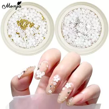 Monja украшения для дизайна ногтей 3D акриловые цветы орнамент смешанного размера золото, серебро стальные драгоценные бусины белые лепестки подвески для салона дома DIY маникюрные аксессуары