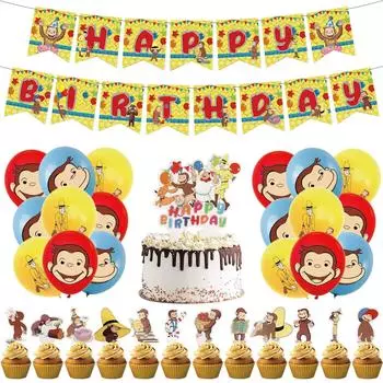 Monkey Birthday Decoration Anime Party Decoration Balloon Balloon Set HAPPY BIRTHDAY Banner Garland Cake Topper Hanging Swirl Celebration Kindergarten