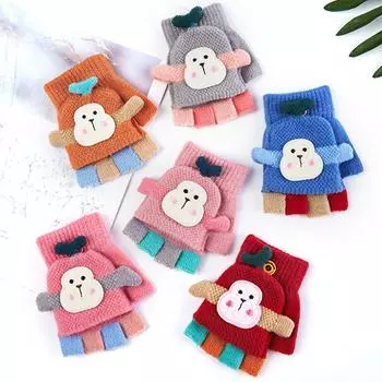 Monkey Knitted Gloves Clamshell Half Finger Gloves Kids Fingerless Gloves Winter Warm Mittens синий