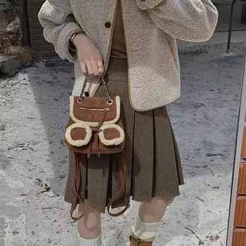 Монохромный плюшевый рюкзак для женщин, маленький рюкзак для шоппинга, мягкий и элегантный, модный для девушек, новый