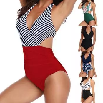 Монокини с бретелькой на шее и принтом, красочный быстросохнущий женский купальник для плавания M зелёный