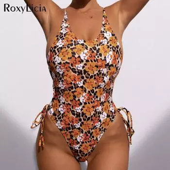 Монокини с цветочным принтом и высоким вырезом на спине, женские купальники, цельный купальник, женский мягкий купальный костюм с цветочным принтом, купальный костюм для плавания S жёлтый