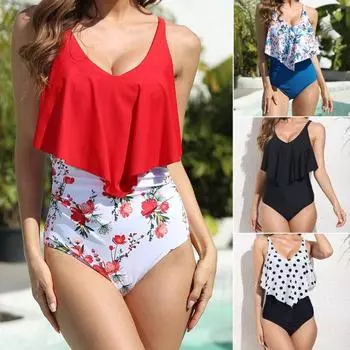 Монокини с глубоким V-образным вырезом и красочным цветочным принтом, купальный костюм с оборками, купальный костюм