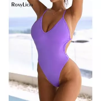 Монокини с металлическим кольцом и открытой спиной, экстремальные мини-стринги, цельный купальник, женский купальник, женский купальный костюм для плавания S фиолетовый