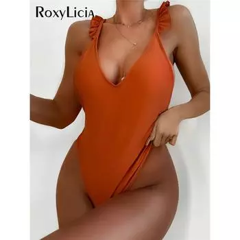 Монокини с v-образным вырезом, оборками и бантом на спине, женские купальники, цельный купальник, женский купальный костюм с высоким вырезом, купальный костюм для плавания S коричневый