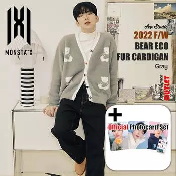 [MONSTA X] MONSTA X, Kihyun X AQO Studiospace Collaboration, BEAR ECO FUR CARDIGAN GRAY и официальный набор фотокарт